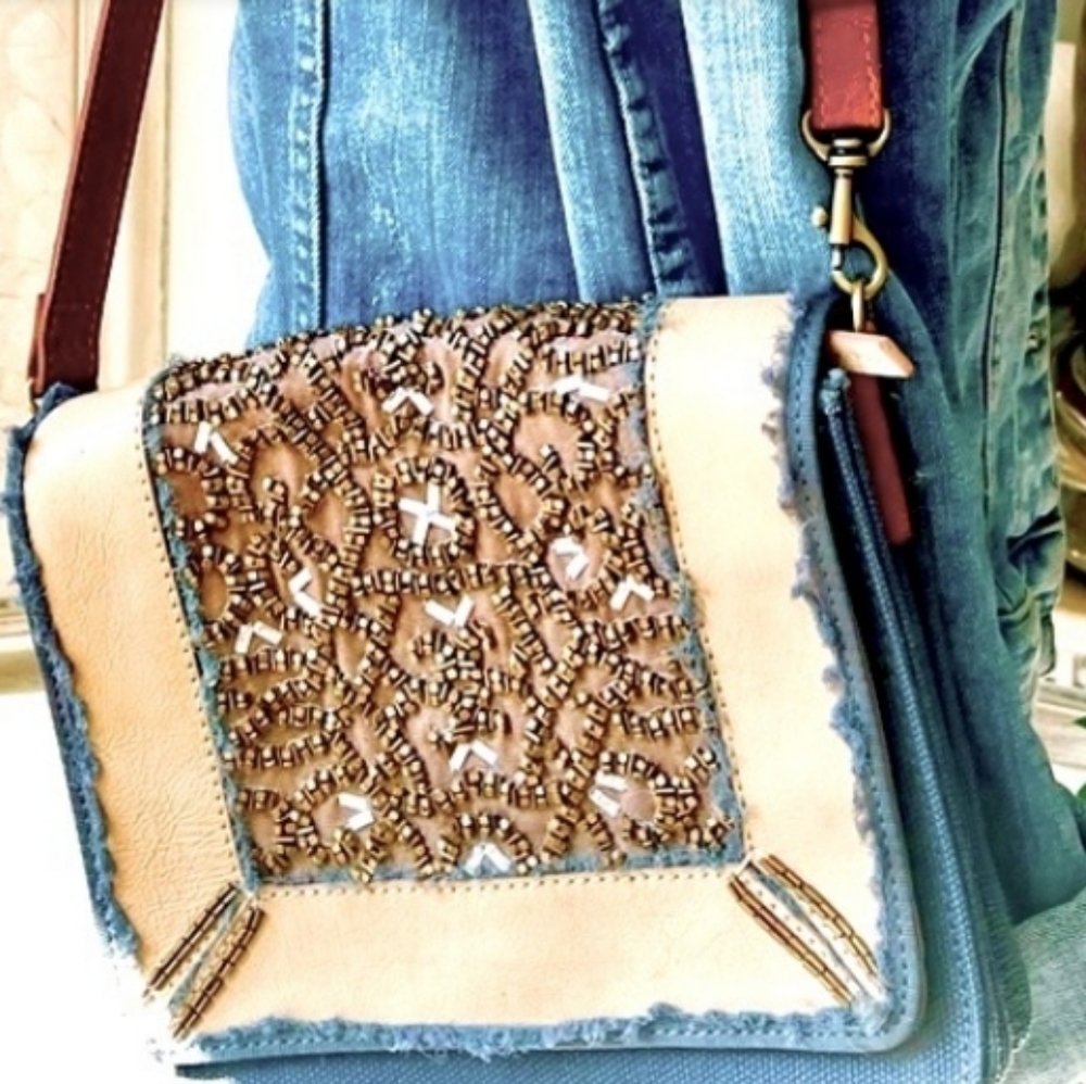 Miss Albright Anthropologie bag denim blue brown leather beading shoulder strap